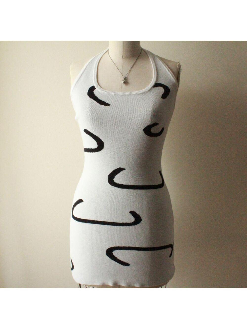 Black & White Geometric Knit Halter Mini Dress, Body-Hugging Retro Style